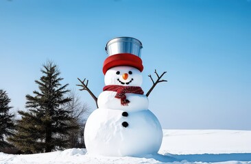 Obraz premium Snowman with a smile and a bucket on his head