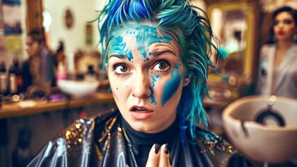 A young person reacts with surprise and excitement while dyeing their hair bright blue in a lively salon atmosphere