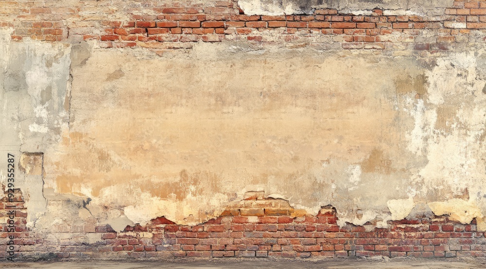 Aufkleber a weathered wall that displays peeling paint along with exposed brick, creating a unique surface tha