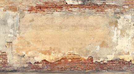 Obraz premium A weathered wall that displays peeling paint along with exposed brick, creating a unique surface that offers ample space for text or design elements, perfect for various artistic applications