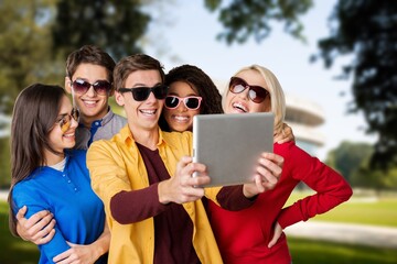 Walking, happy students at university together