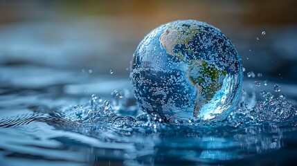 Water droplets form the shape of continents on a globe, copy sapce, emphasizing the interconnectedness of water resources worldwide, Global water awareness concept design