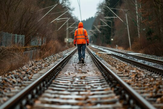 A person in an orange jacket walks along the railroad tracks