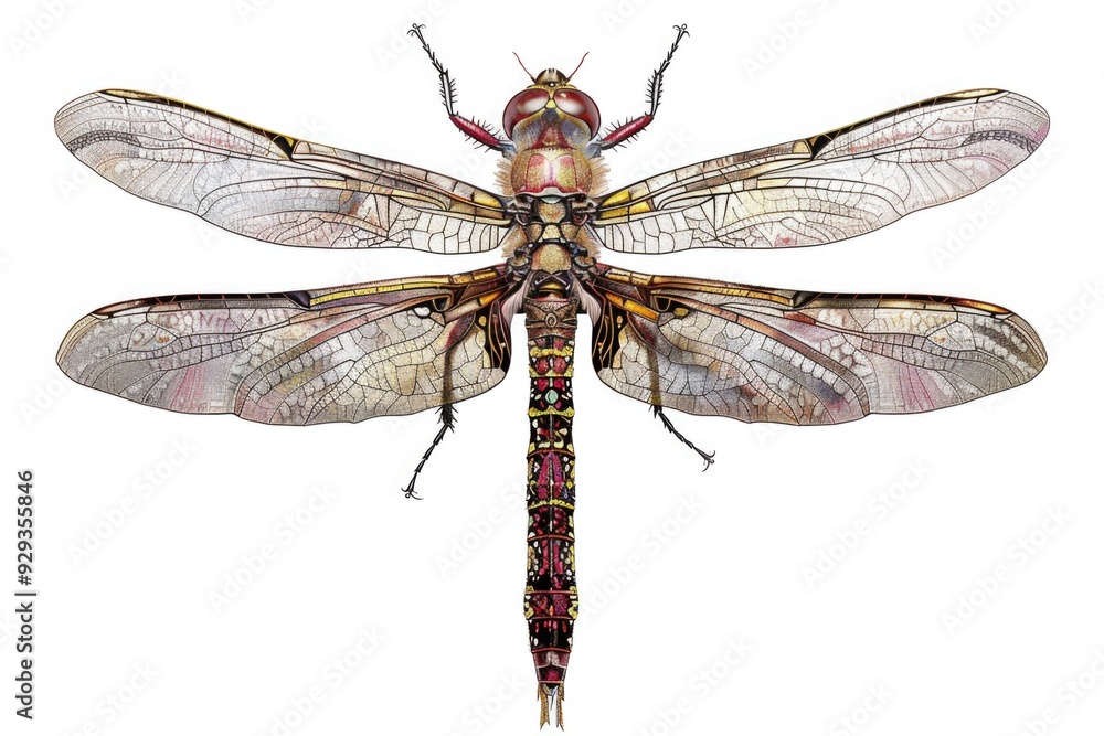 Poster A close-up image of a dragonfly sitting on a white background, its body and wings visible