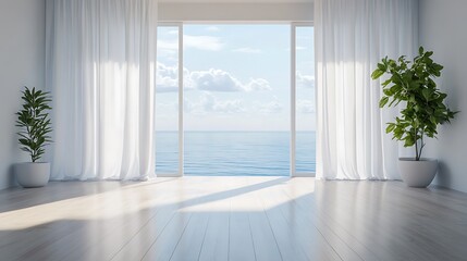 Fototapeta premium Bright, minimal room with ocean view and white curtains.