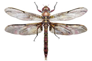 A close-up image of a dragonfly sitting on a white background, its body and wings visible