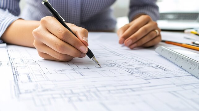 A professional drafter working on architectural blueprints with a light solid color background