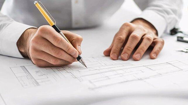 A professional drafter working on architectural blueprints with a light solid color background