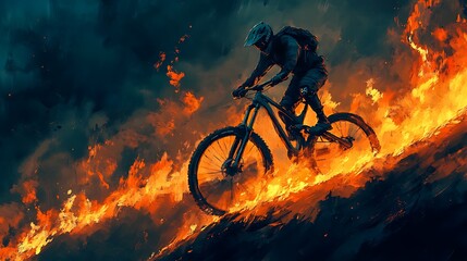 Obraz premium A mountain biker rides down a fiery trail, silhouetted against the orange flames.