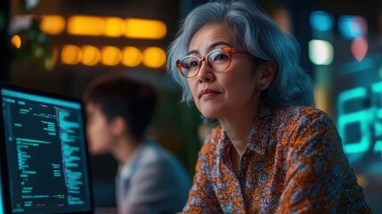 An older woman and a younger colleague are engaged in a collaborative work session in a modern tech environment