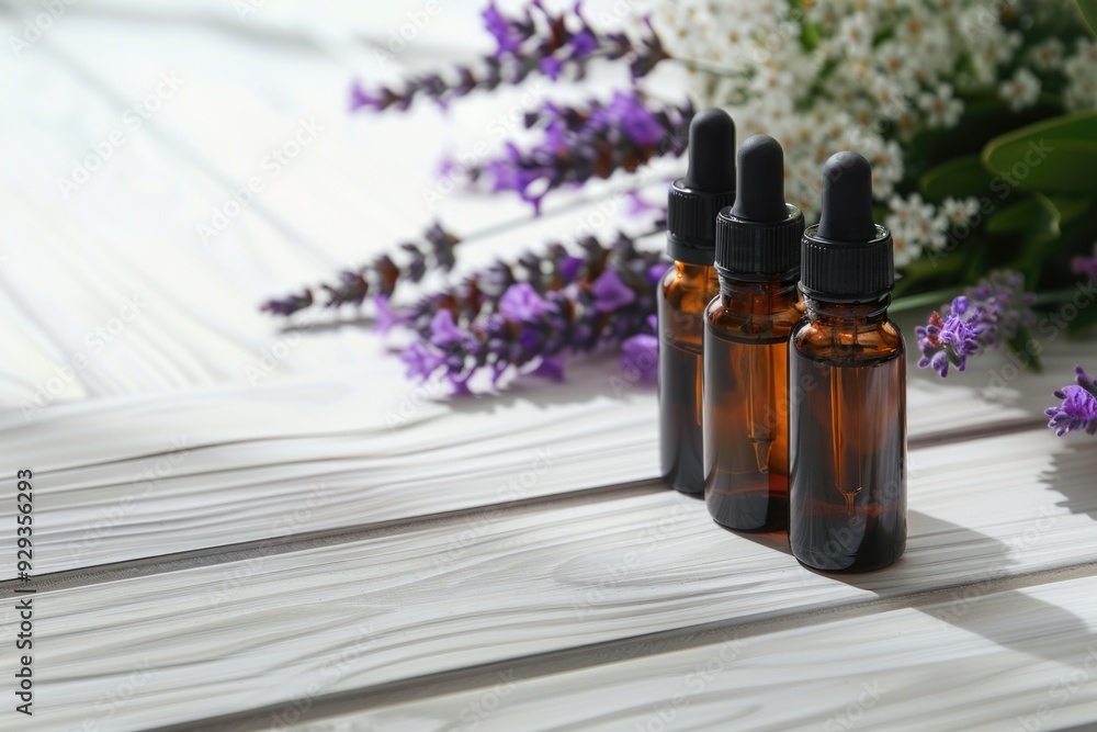 Poster three bottles of essential oils placed on a wooden table, ready for use