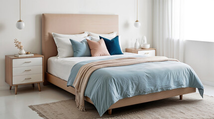 interior of modern, minimalist bedroom featuring beige upholstered bed with pastel blue and pink cushions, flanked by wooden nightstands