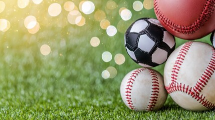 A collection of various sports balls on green grass with a soft bokeh background, perfect for sports-themed projects.