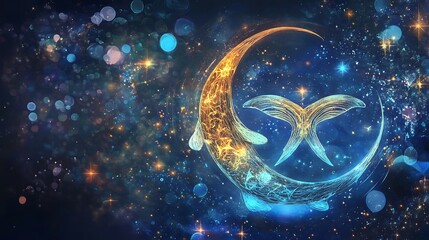 Fototapeta premium A crescent moon with a star in the center and a blue fish below.