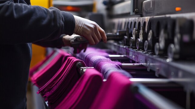 A skilled dyeing machine operator adjusting settings on a large industrial dyeing machine, focused on precision and detail