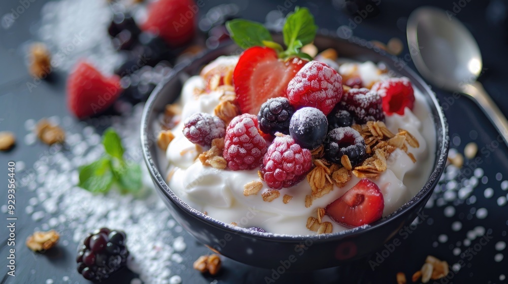 Wall mural a nutritious snack of yogurt topped with mixed berries and crunchy granola