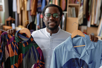Portrait shot of smiling Black man in vintage glasses holding wooden hangers with second hand...