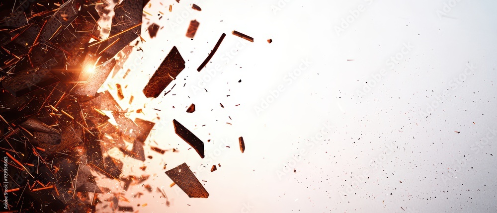 Poster a dramatic explosion effect with flying debris and light burst on a gradient background, perfect for