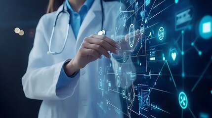 Doctor in white coat interacts with a digital interface displaying medical data.