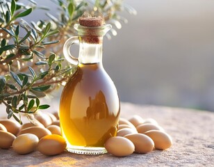 argan plant on kitchen counter and argan oil in bottle