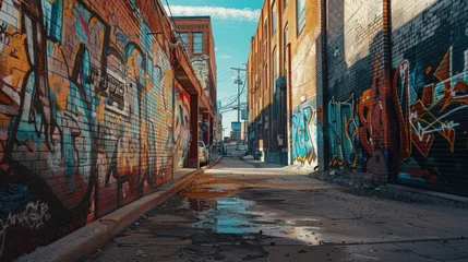 A close-up of a narrow alley with vibrant street art covering the walls