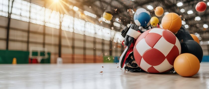 A dynamic collection of various sports balls arranged on a wooden court, capturing the essence of playful competition.