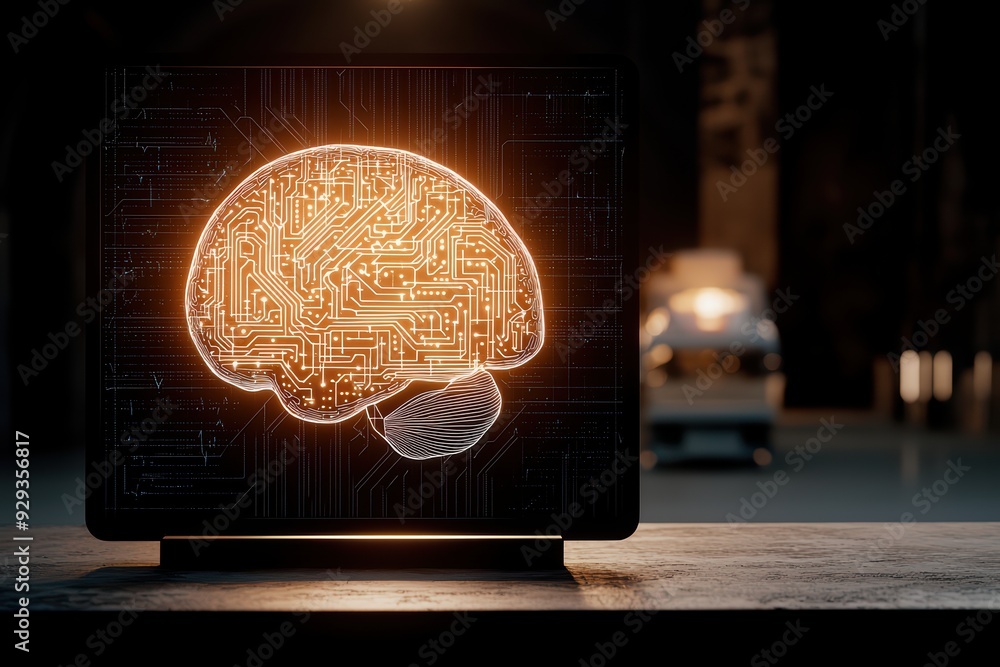 Poster a futuristic brain design illuminated by circuits, symbolizing artificial intelligence and technolog