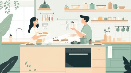 Fototapeta premium A couple shares a joyful moment preparing breakfast in their charming kitchen