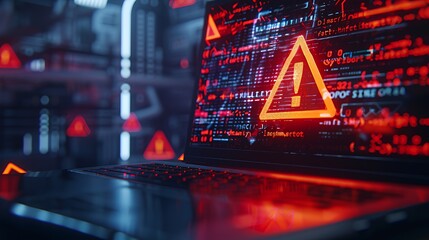 A laptop displaying a warning symbol amidst a digital background of code and alerts.