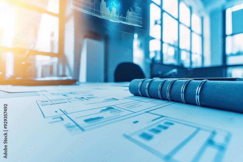 Poster a modern workspace featuring project plans and a digital interface, ideal for architectural or engin