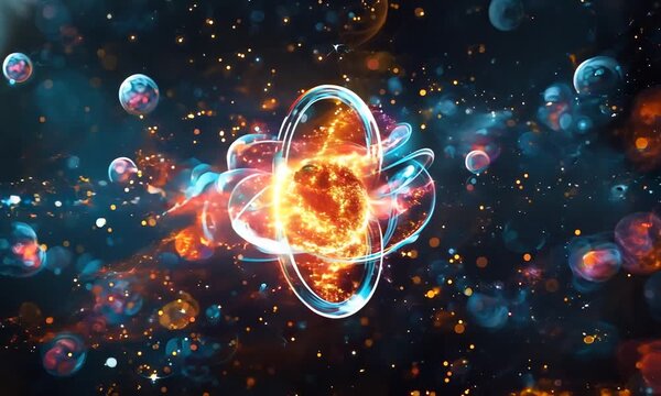 The graphic illustration on the black background shows the splitting of an isolated atom into smaller isotopes