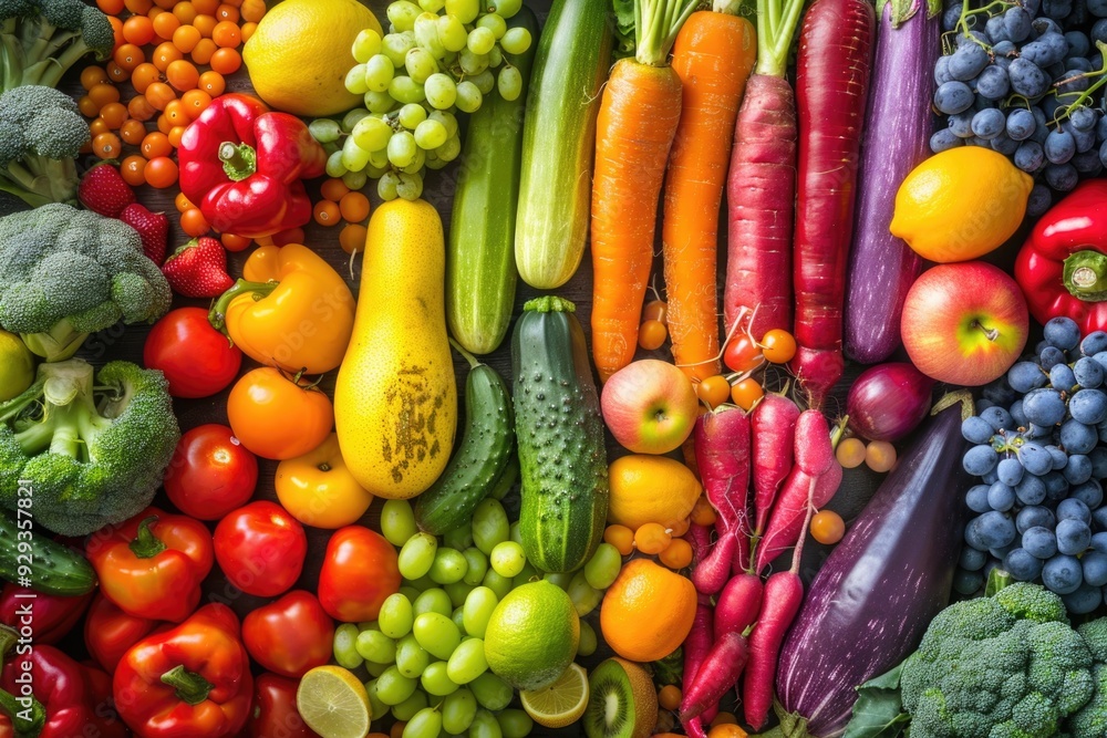Poster a colorful arrangement of various fruits and vegetables on a table
