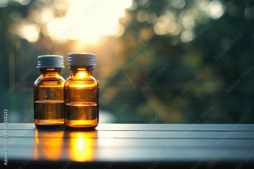 Poster two bottles sit on top of a wooden table, ready for use