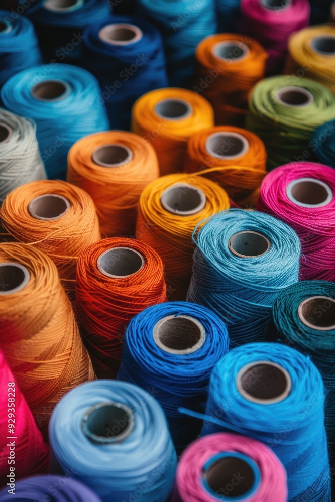 Poster A collection of vibrant thread spools with various colors and textures, ideal for craft projects or photography props