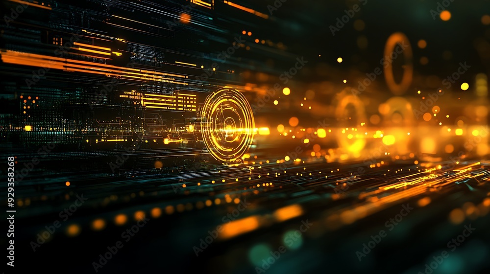 Poster abstract digital background with glowing lines and circles.