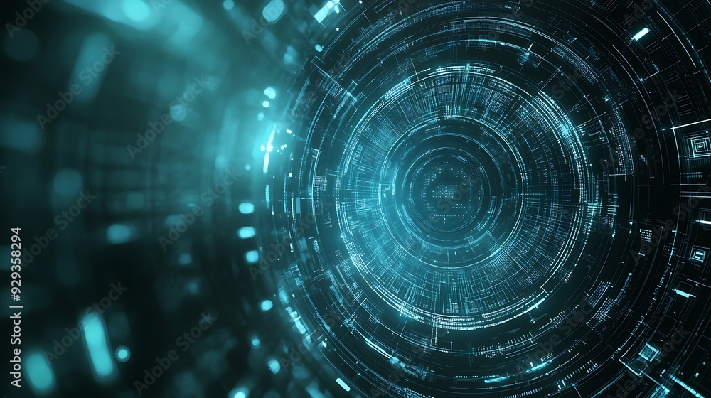 Poster abstract digital background with glowing cyan circles, lines and data.