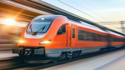 Naklejka premium A sleek orange train speeds through the station, showcasing modern transportation technology in motion.