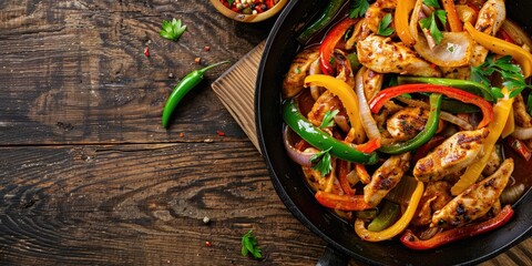 Chicken fajitas with fried chicken breast strips onions julienned green yellow and red bell peppers on a skillet on a dark wood table top view flat lay with close up and copy space