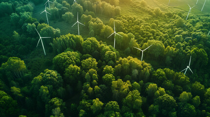Wind turbine in the woods, symbolizing the importance of renewable energies for our society, created with generative AI technology