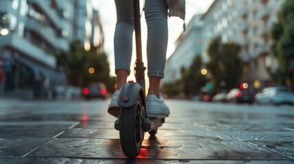 Fototapeta premium A person rides a scooter on a busy city street, offering a glimpse into urban mobility