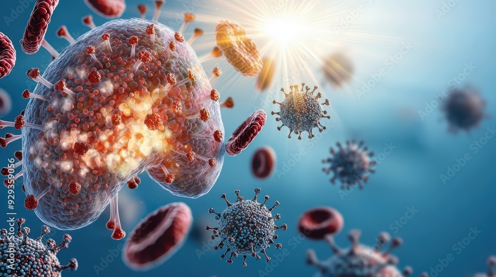 Poster an abstract representation of a virus attacking a cell, illustrating the process of infection and ce