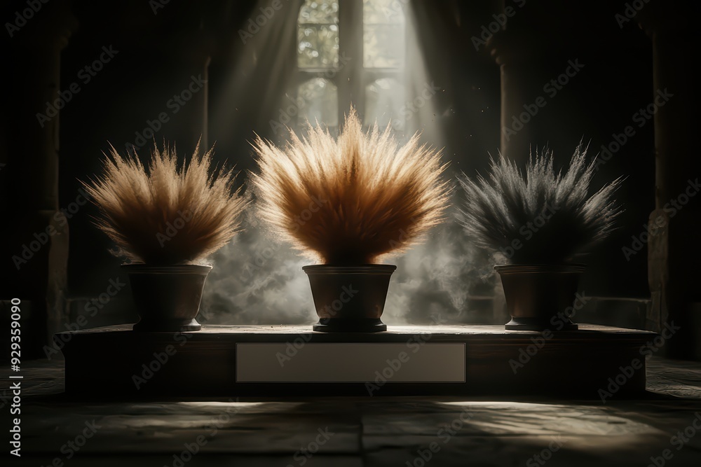 Poster an enchanting display of three vibrant plants under soft light, creating a mystical atmosphere in a 