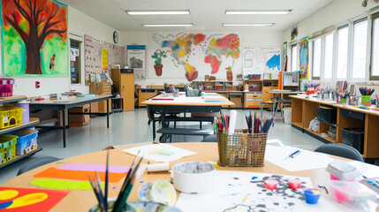 Kids have art class, drawing, painting with teacher in workshop.