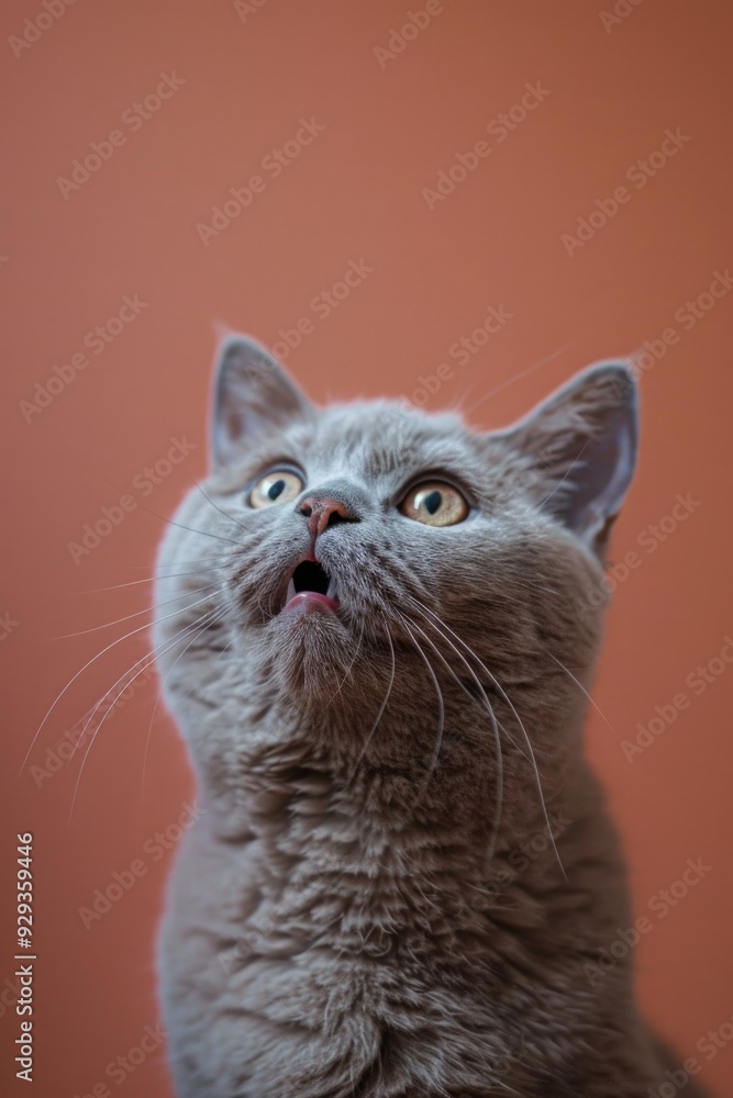 Poster a close-up of a grey cat with a surprised expression, looking directly at the camera