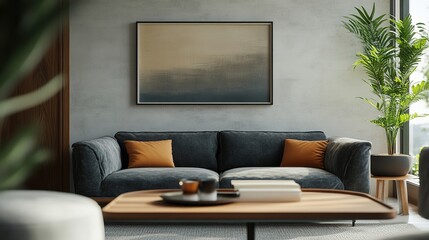 Detailed view of a mock-up picture frame in a contemporary living room, with a 3D-rendered background that highlights the home decor