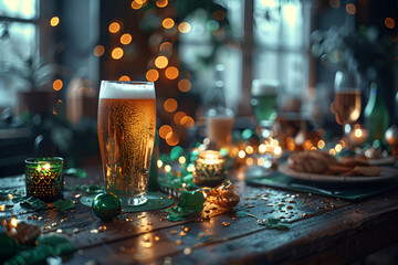A festive night illuminated by golden Christmas lights celebrating with drinks 