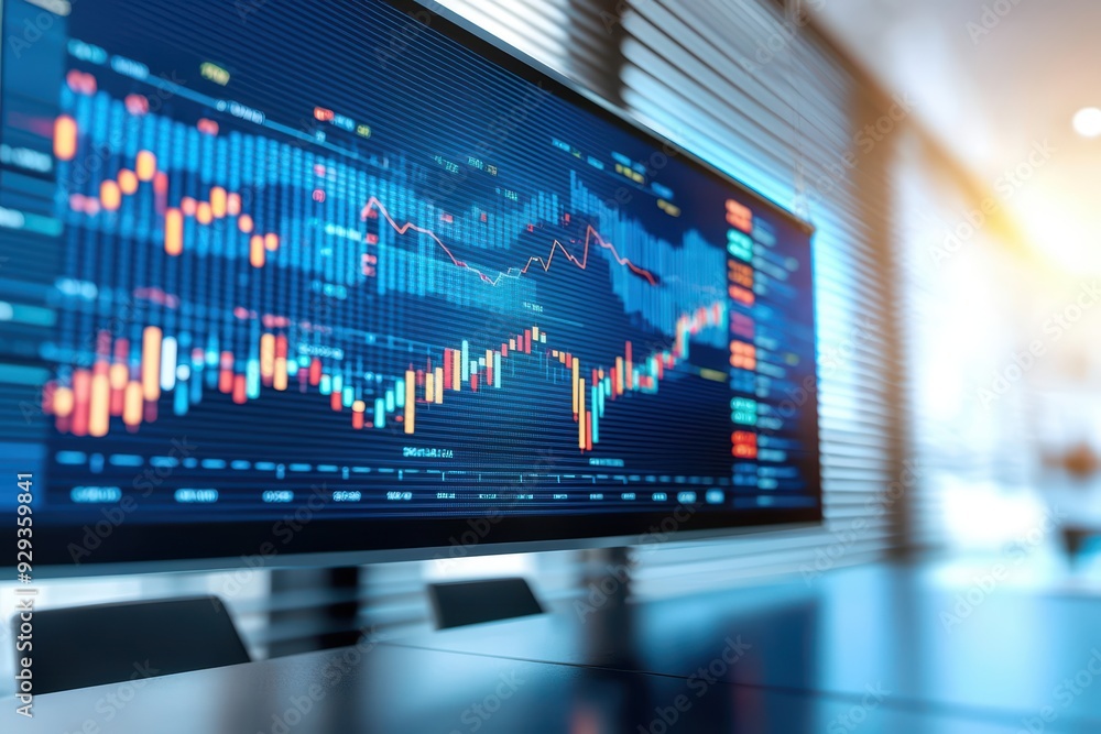 Poster digital stock market display with graphs and data. vibrant colors indicate trends in trading and fin