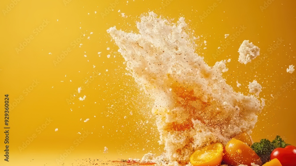 Poster dynamic splash of fresh beverage with vibrant fruits, creating a lively and colorful scene on a bold