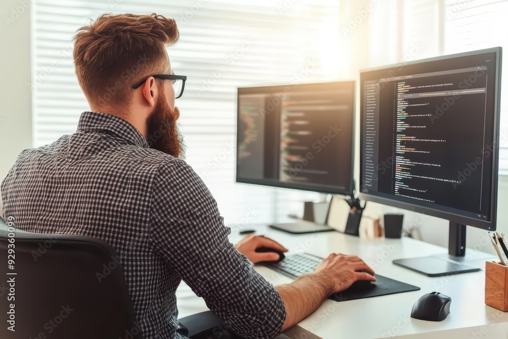 Poster focused individual working at dual monitors, programming software, symbolizing productivity and mode