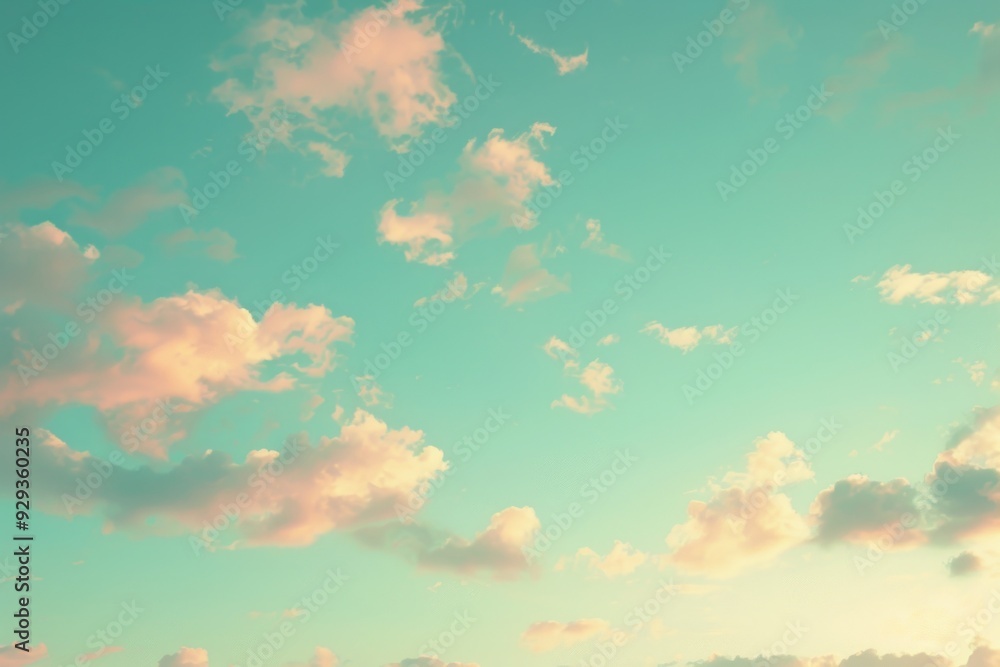 Poster a plane soaring through the air with fluffy white clouds in the background